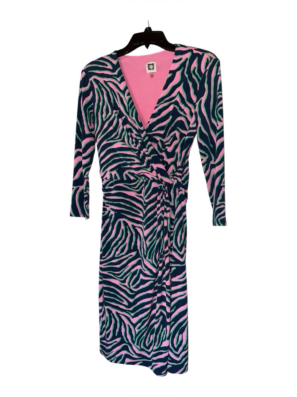 Anne Klein Zebra Print Faux Wrap Dress Size 4 Pink Navy 3/4 Sleeve Midi Sheath